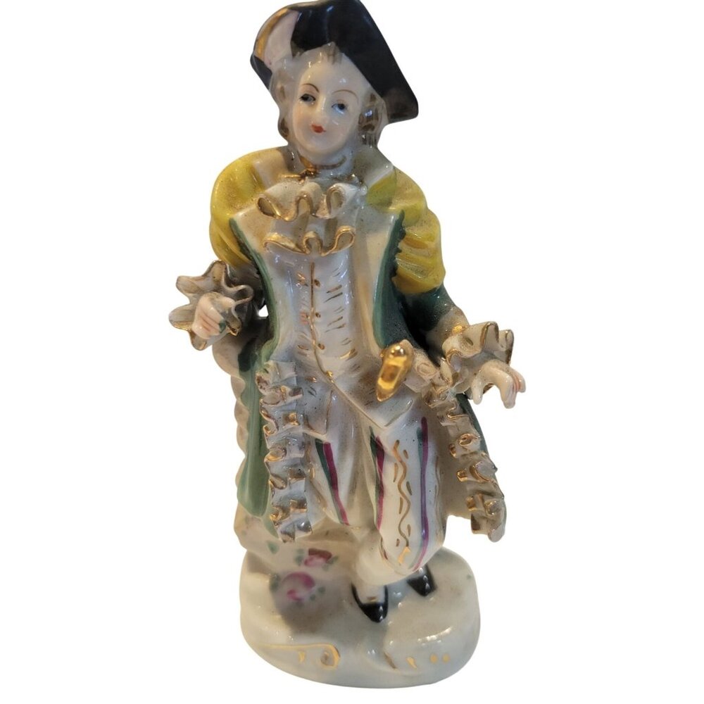 Vintage Wales Hand-Painted Porcelain Figurine 18th-Century Attire 6x2.5 In